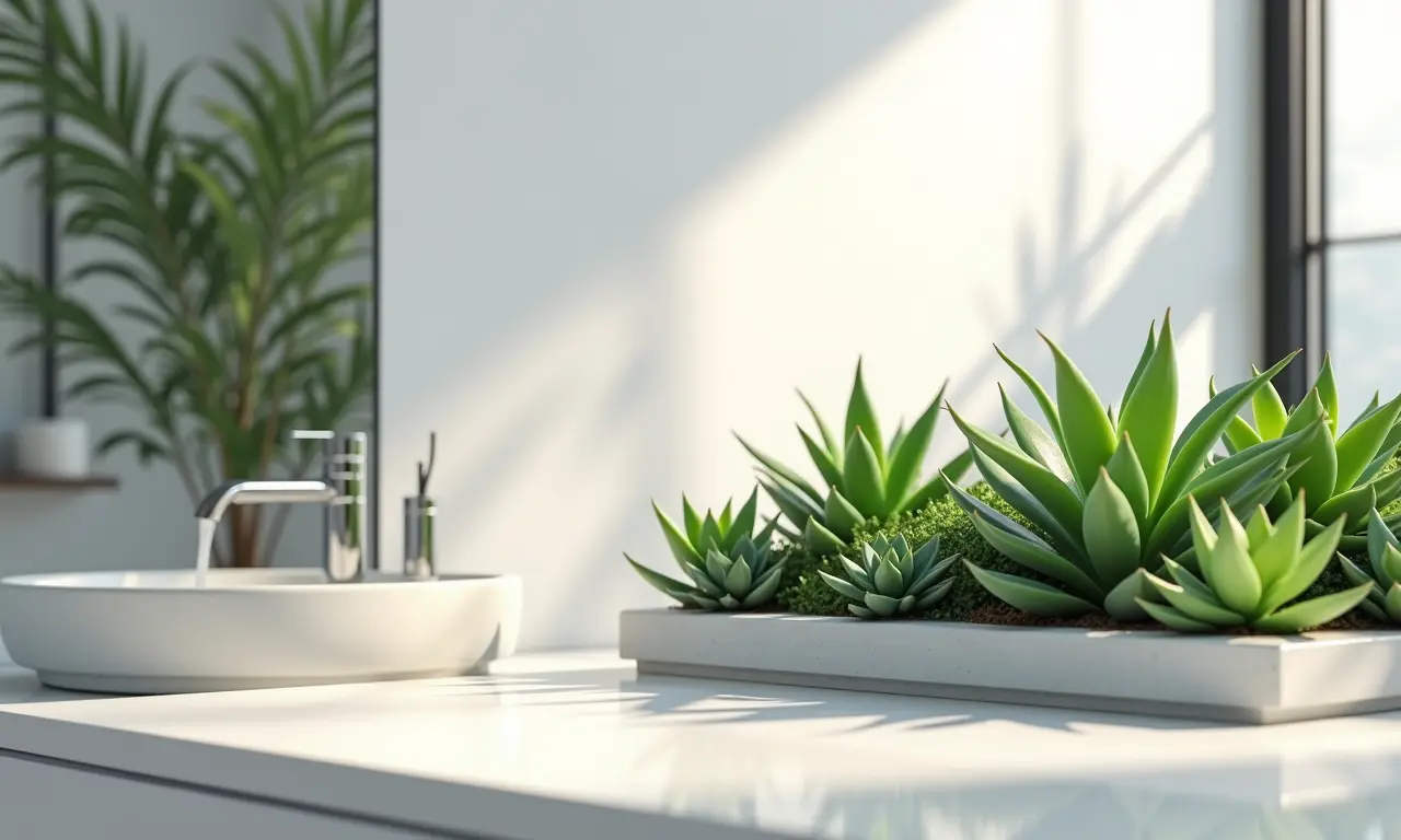 Suculentas artificiais em um banheiro minimalista, destacando sua durabilidade.