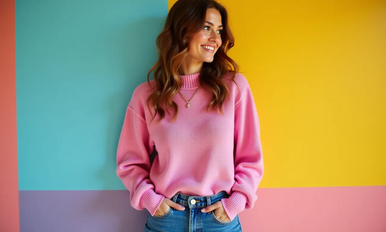 Suéter rosa e jeans azul para um look casual chic com contraste harmonioso.