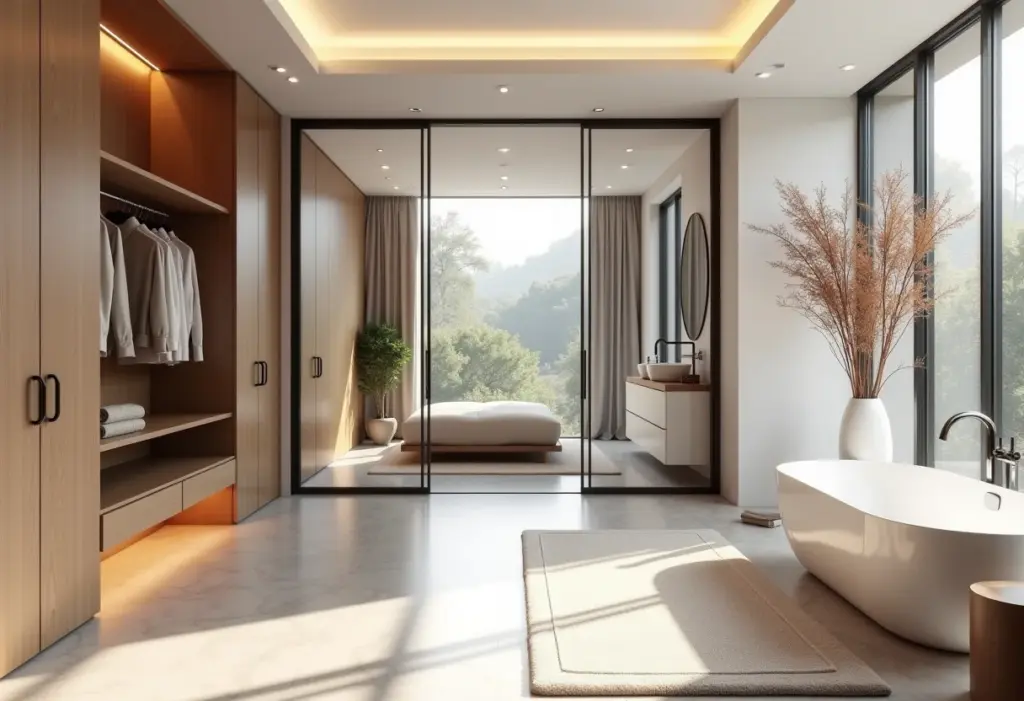 Suíte master dos sonhos com closet e banheiro integrados.