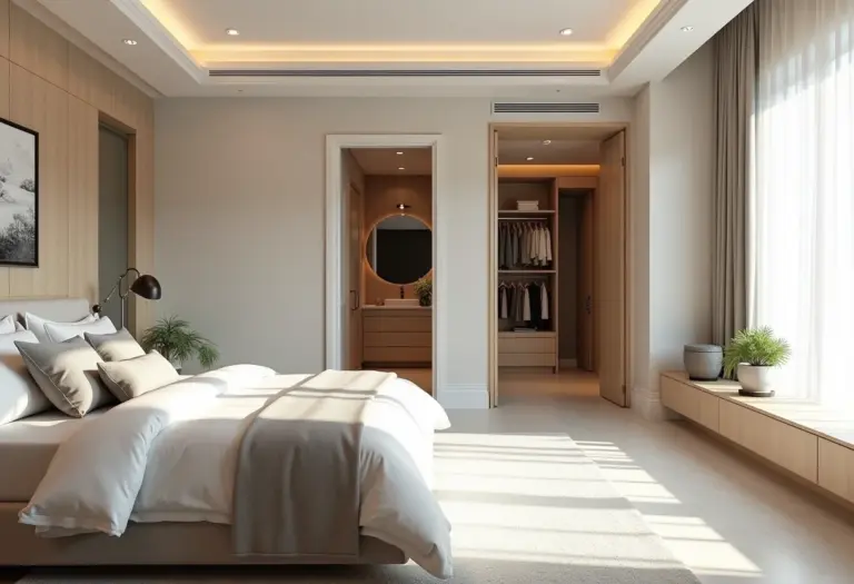 Suíte master dos sonhos com quarto, closet e banheiro integrados.