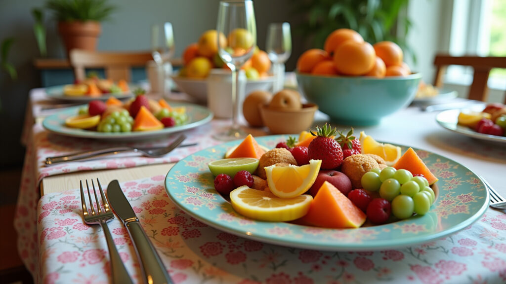 Sunday lunch dining table with vibrant colors, cheerful patterns, and seasonal fruits as Mesa de jantar 4 lugares para um almoço de domingo com frutas da estação.