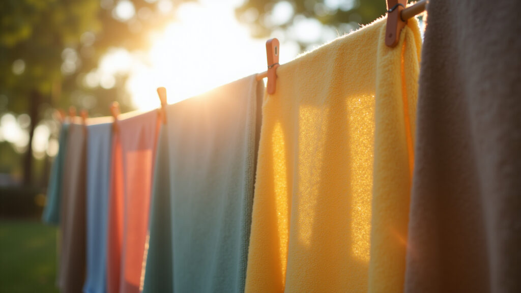Toalhas secando ao sol após lavagem.