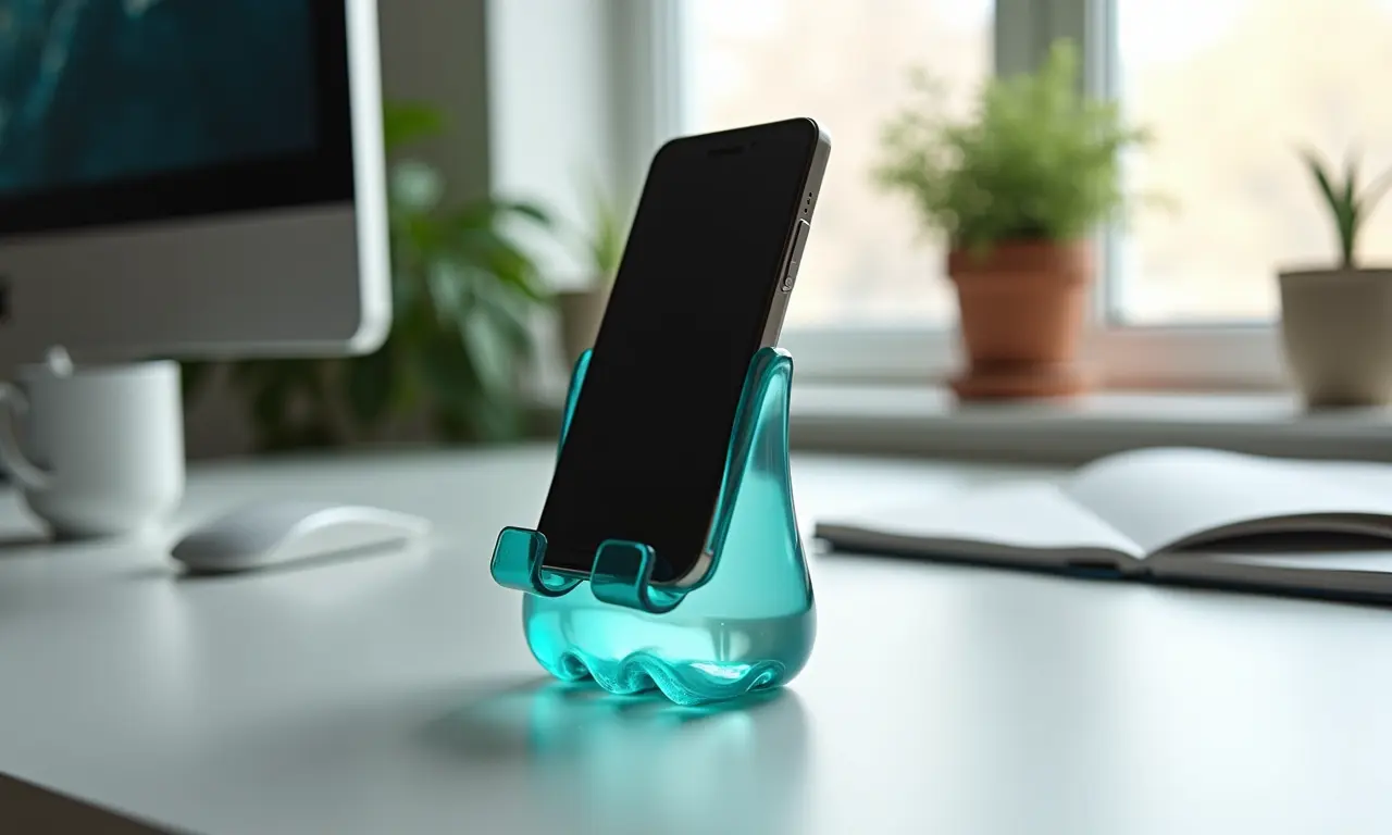 Suporte para celular e tablet feito de garrafa PET reciclada.