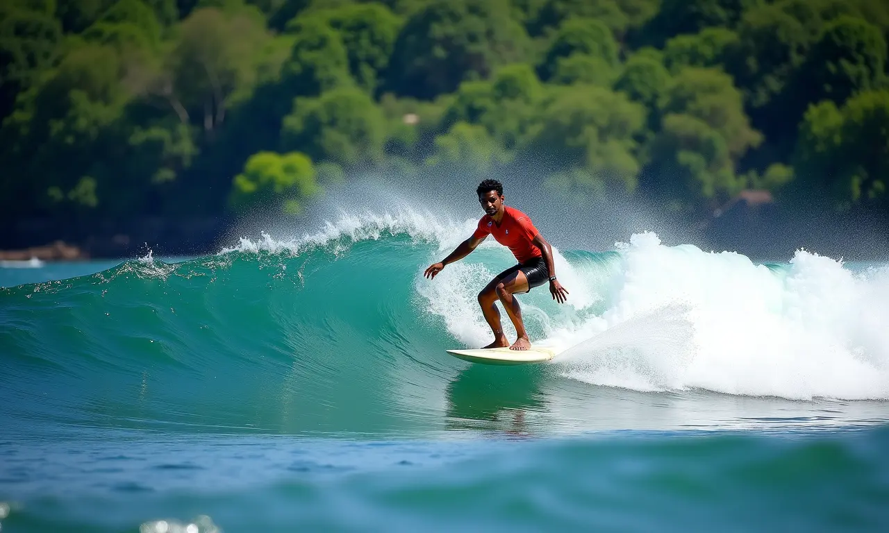 Surfista em Itacaré pegando uma onda com a floresta ao fundo.