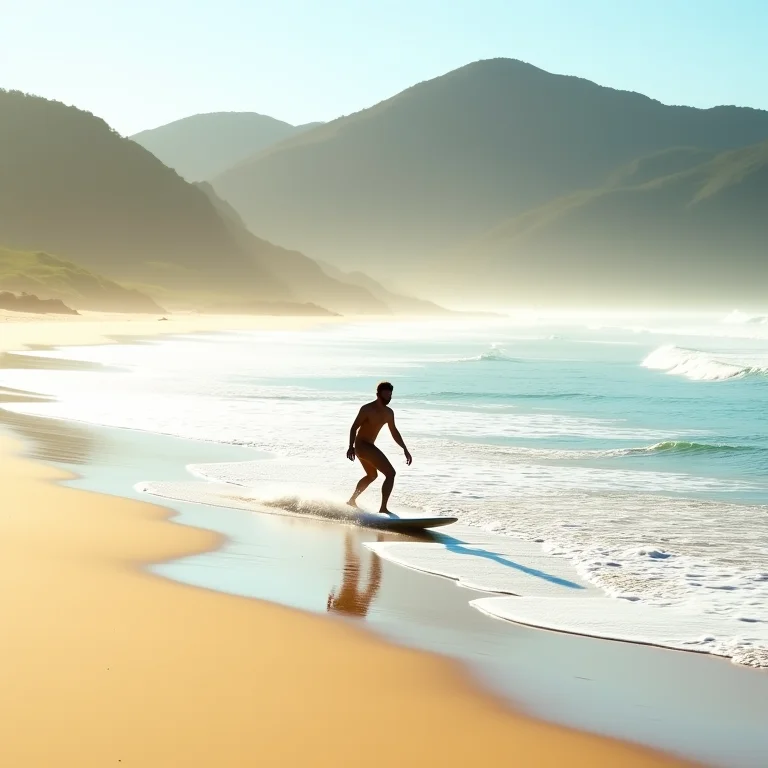 Surfista pegando onda na Praia do Rosa, com areia dourada e colinas verdes.