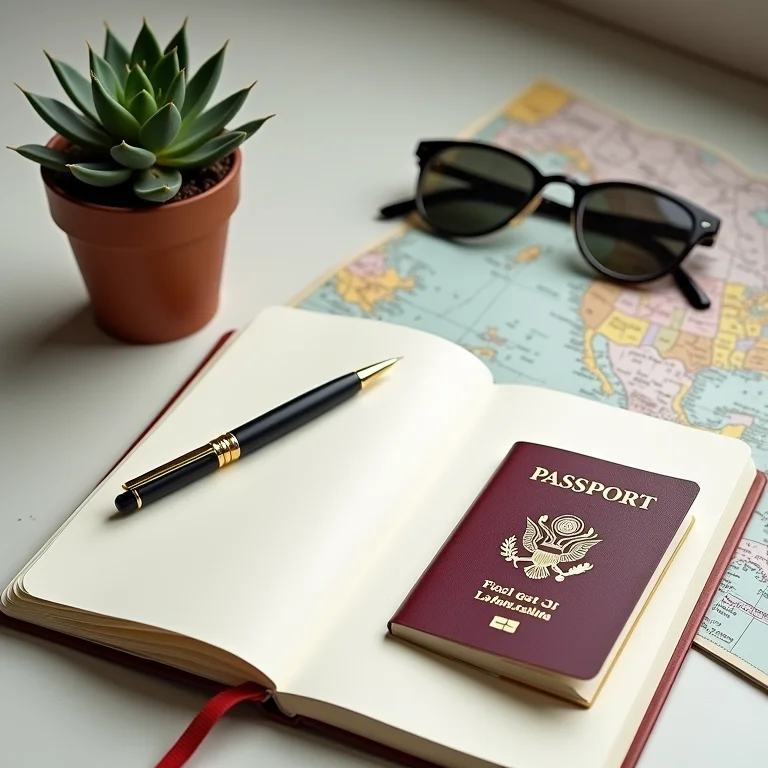 Tabela com itens essenciais de viagem: caderno, caneta, passaporte, mapa e suculenta.