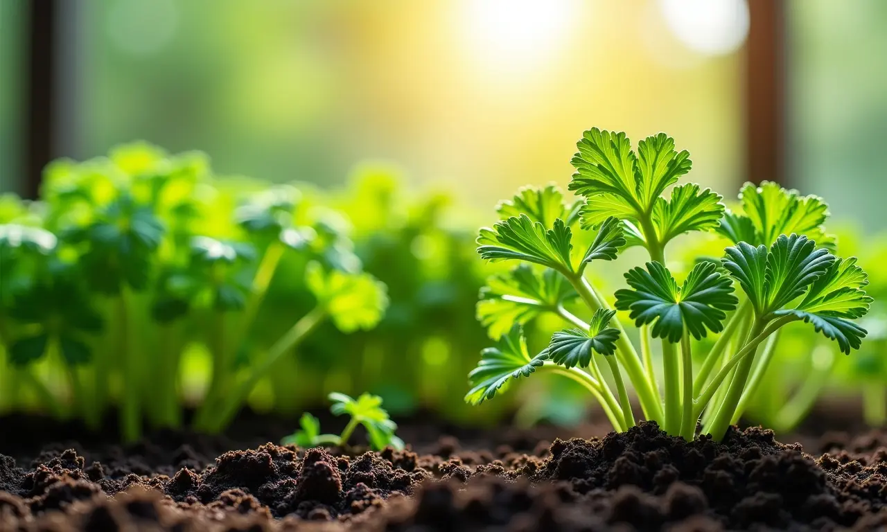 Tabela de cuidados com a salsinha: rega, luz, fertilização.