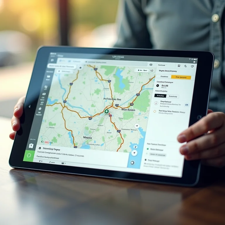 Tablet digital exibindo mapa rodoviário detalhado