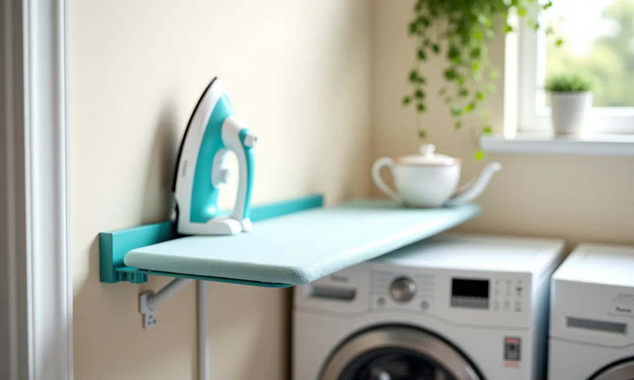 Tábua de passar roupa dobrável em lavanderia.