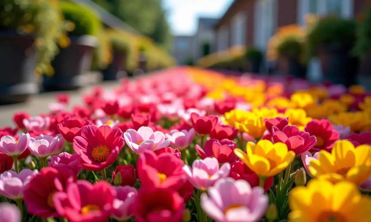 Tapete de flores onze-horas em diversas cores em uma varanda ensolarada.