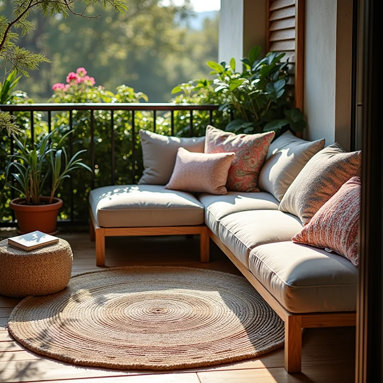 Tapete e almofadas estampadas decorando uma sacada, adicionando conforto e estilo