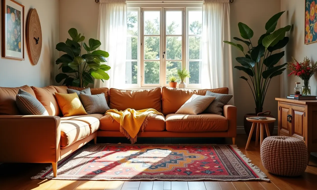 Tapetes e mantas antiderrapantes em sala de estar aconchegante.