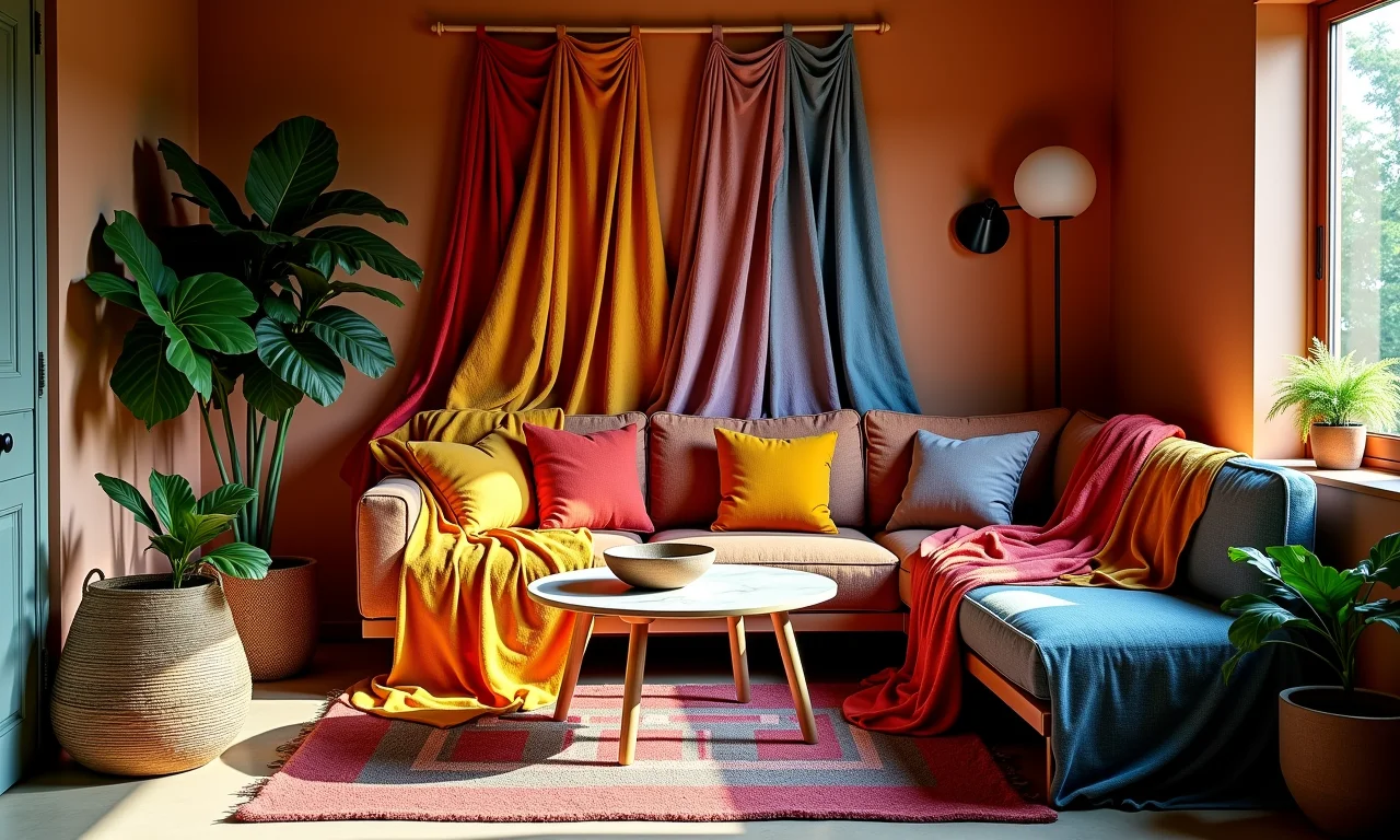 Tecidos coloridos decorando móveis em uma festa junina.