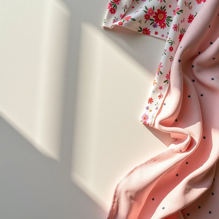 Tecidos com estampas divertidas dispostos em um flat lay, representando a alegria das estampas na moda.