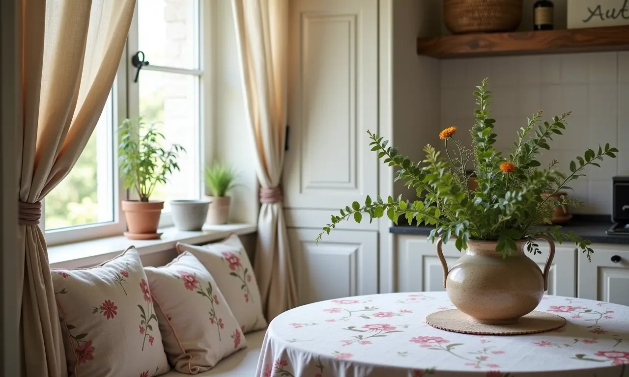 Tecidos leves e estampados em cozinha provençal.