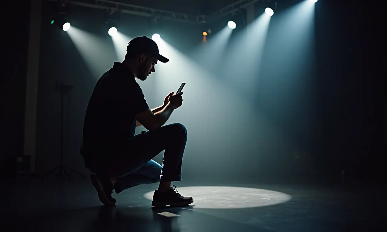 Técnico ajustando a iluminação do palco, criando sombras dramáticas em um cenário.