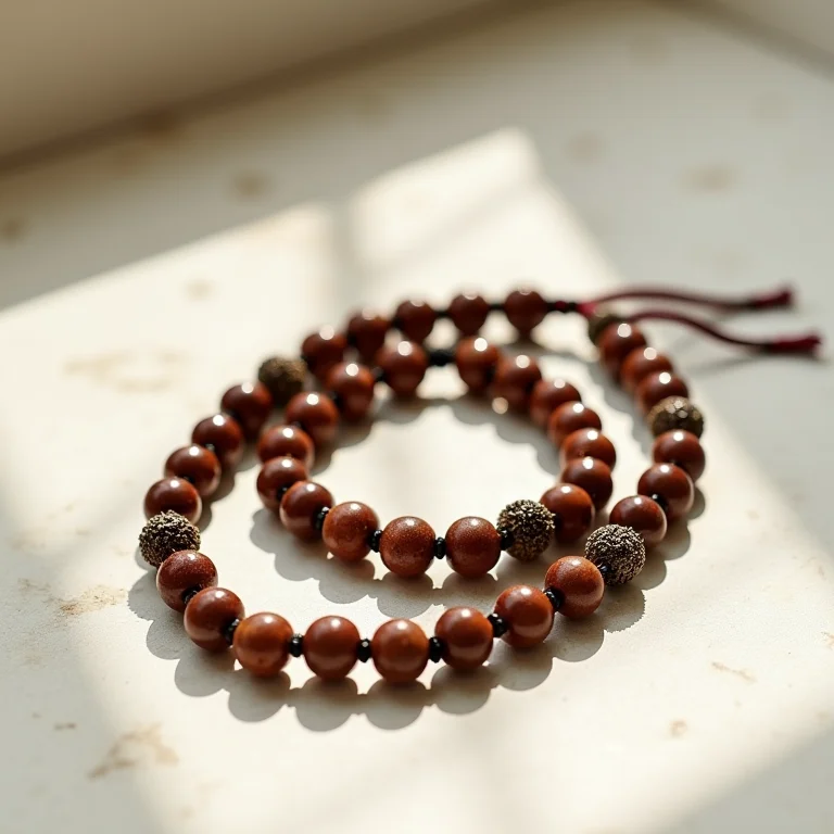 Terço budista sobre superfície de pedra clara