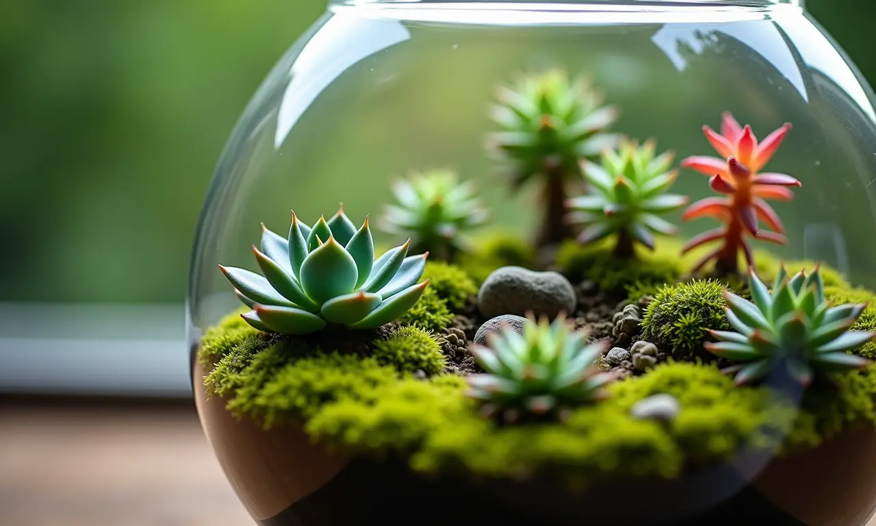 Terrário em miniatura com suculentas e musgo.