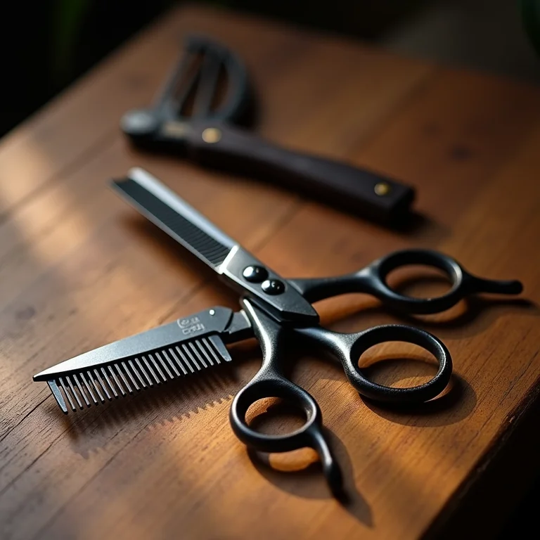 Tesoura e pente para barba em cima de uma mesa de madeira.