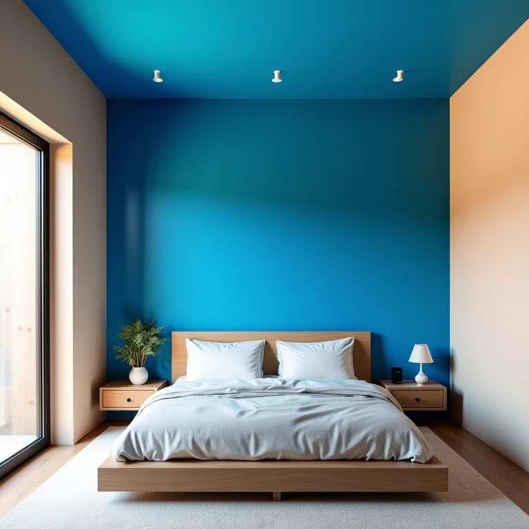 Teto azul vibrante em quarto moderno.