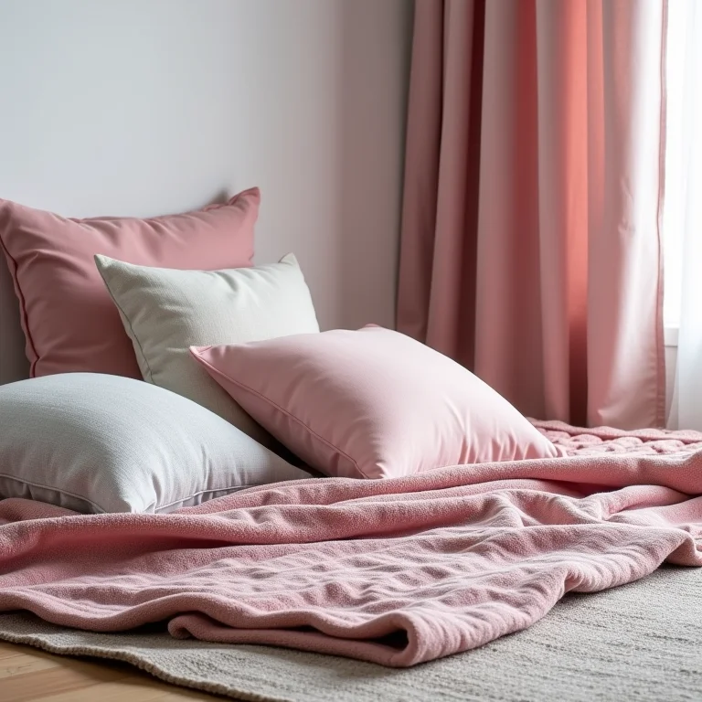 Texturas aconchegantes em tons de cinza e rosa.