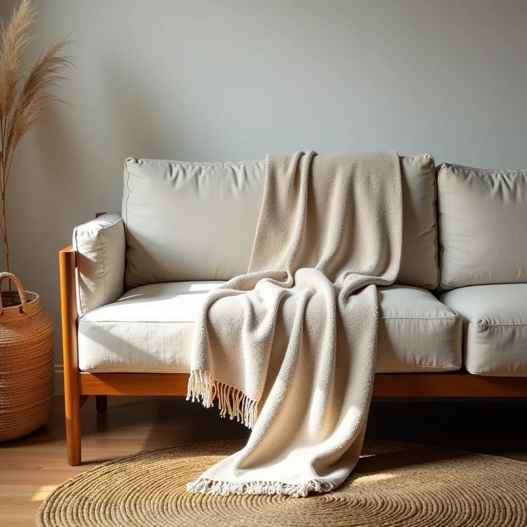 Texturas naturais como linho, juta e madeira em uma sala de estar aconchegante.