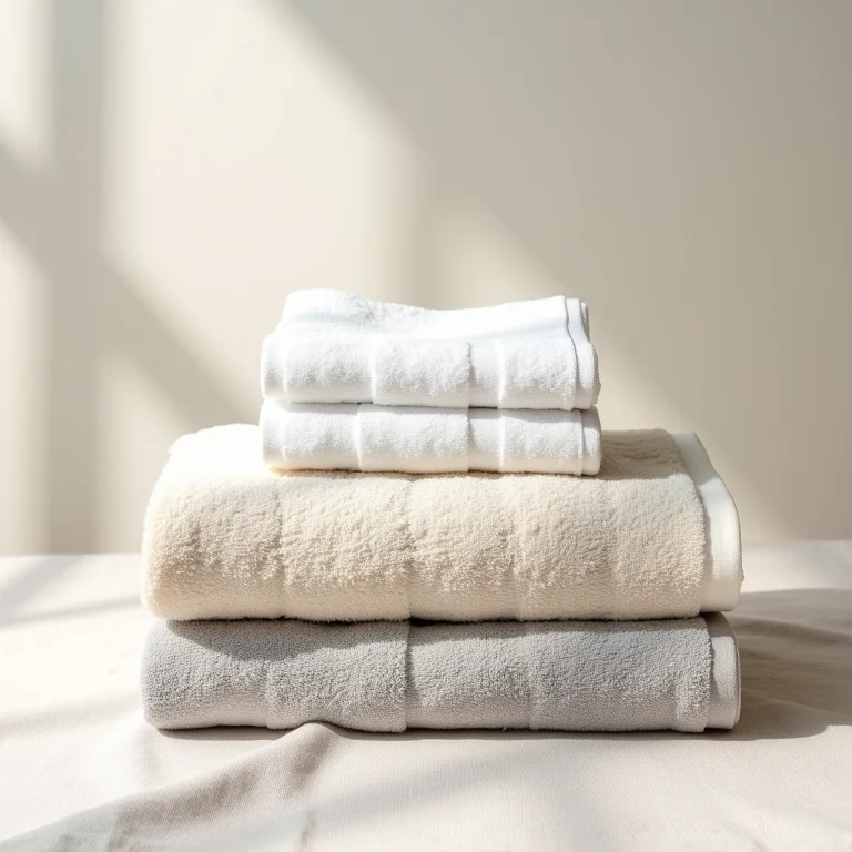 Toalhas de algodão neutras dobradas sobre tecido de linho