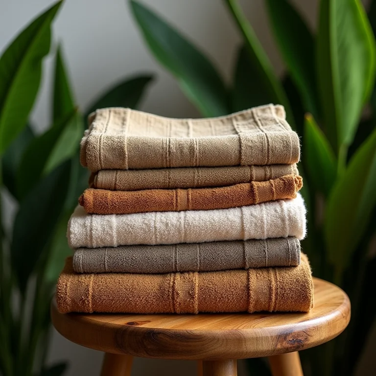 Toalhas de bambu em tons terrosos sobre banquinho de madeira