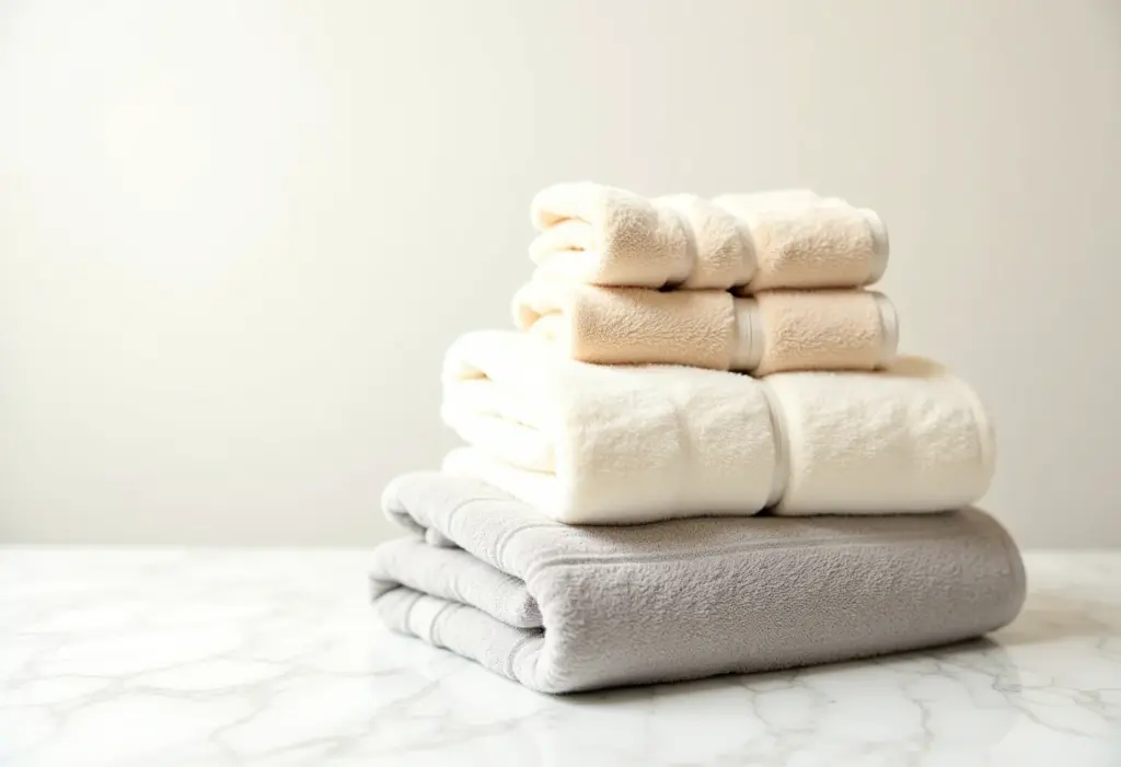 Toalhas de banho macias e absorventes em tons neutros.