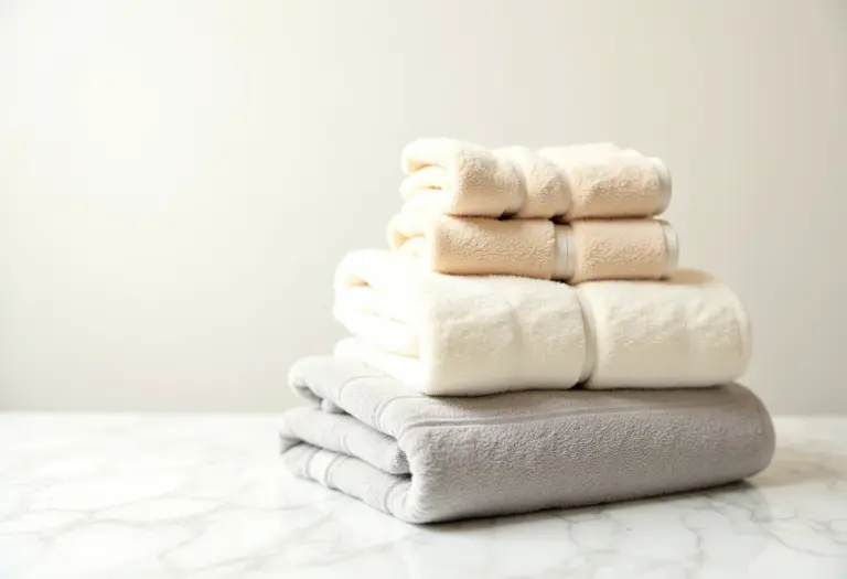 Toalhas de banho macias e absorventes em tons neutros.