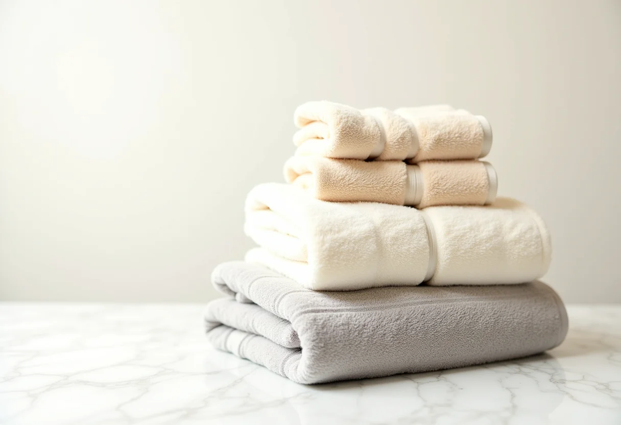 Toalhas de banho macias e absorventes em tons neutros.