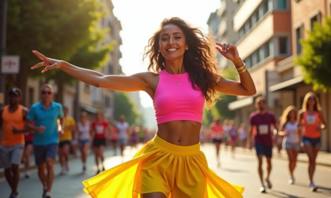 Top rosa e saia amarela em uma rua ensolarada com pose dinâmica.
