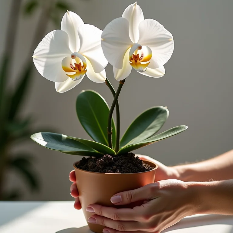 Transplantando orquídea para um novo vaso com substrato fresco.