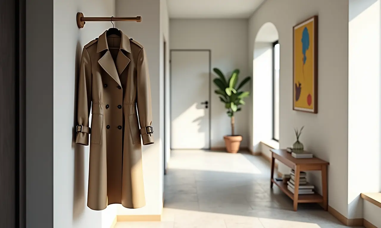 Trench coat elegante pendurado em um corredor moderno com arte brasileira.