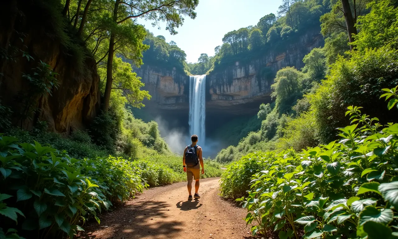 Trilha em meio à natureza exuberante com cachoeira em Santo Antônio do Pinhal.