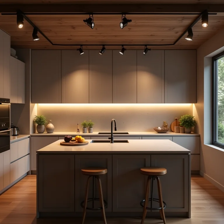 Trilhos eletrificados para iluminação de bancada de cozinha