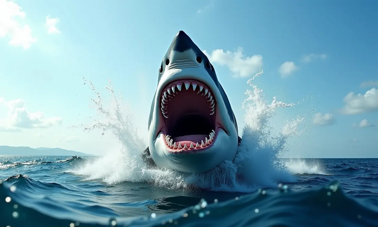 Tubarão branco gigante saltando da água, demonstrando tamanho e poder.