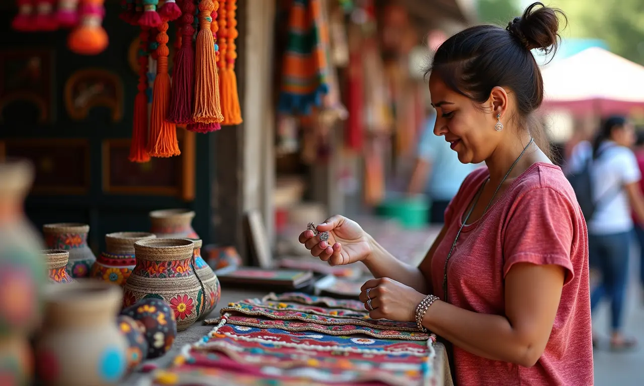 Turista comprando artesanato local em São Pedro, lembrancinhas coloridas e originais.