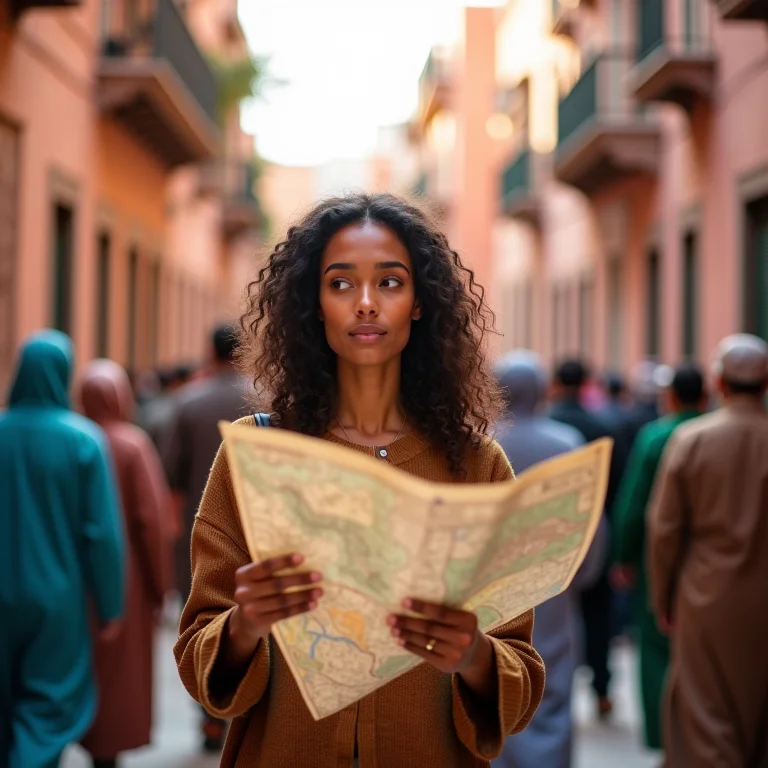 Turista confusa com mapa em Marrakesh
