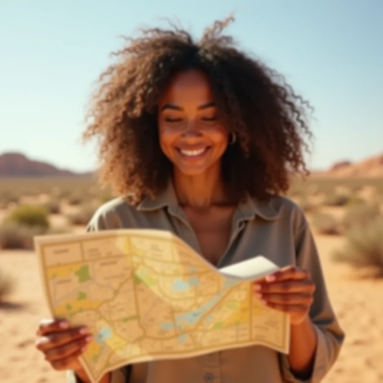 Turista despreparada consultando mapa sob o sol forte do deserto do Marrocos.