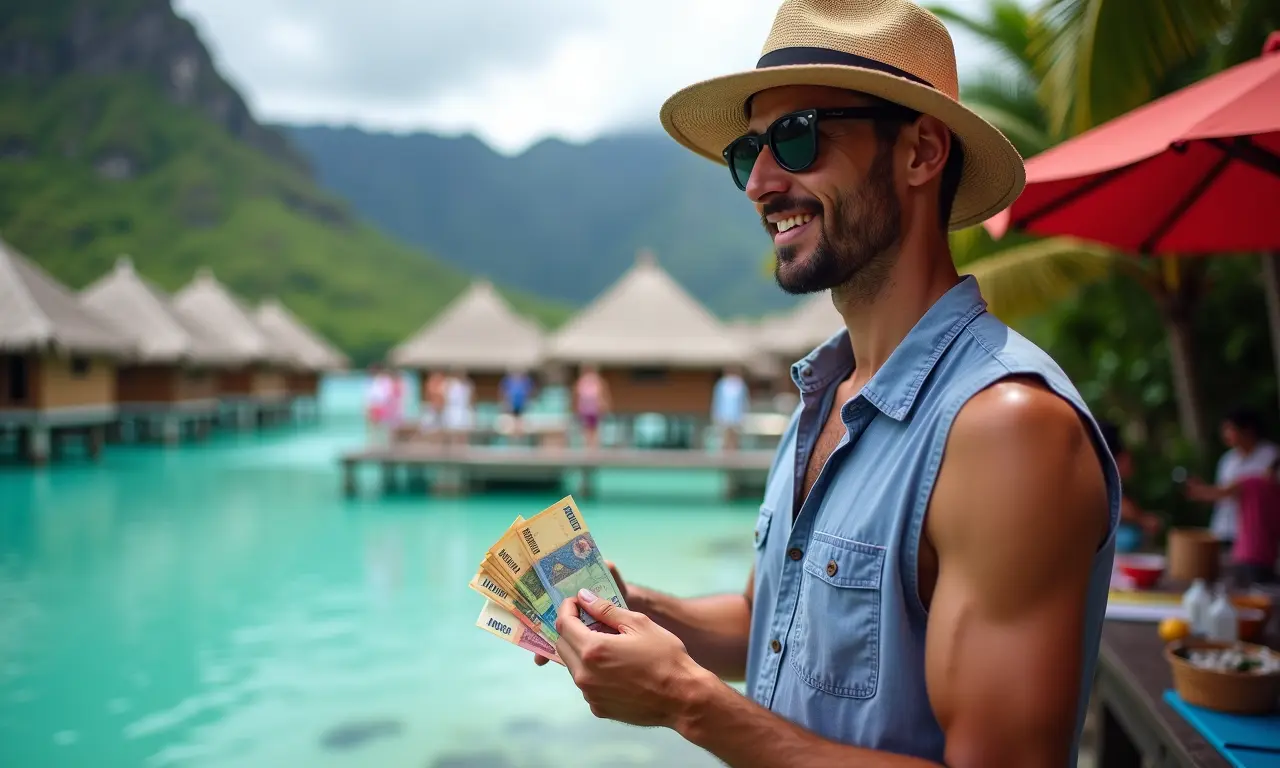 Turista pagando com Francos em Bora Bora.