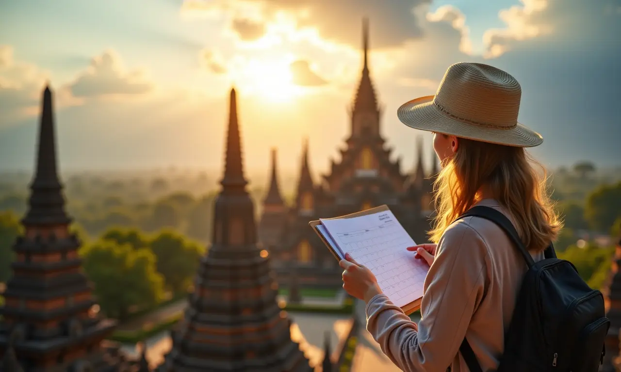 Turista planejando a melhor época para visitar os templos de Laos.
