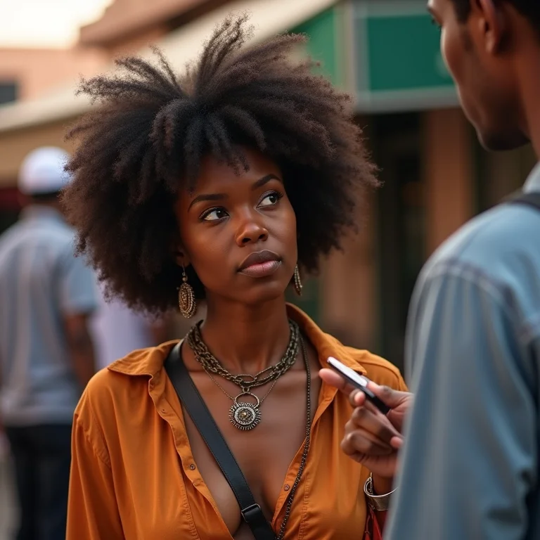 Turista sendo abordada por vendedor ambulante em Marraquexe.