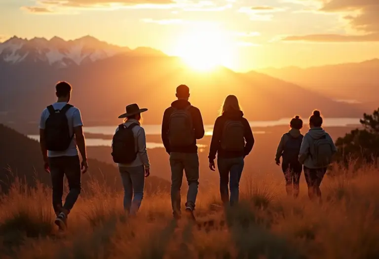 Turistas diversos explorando a América do Sul ao pôr do sol nos Andes