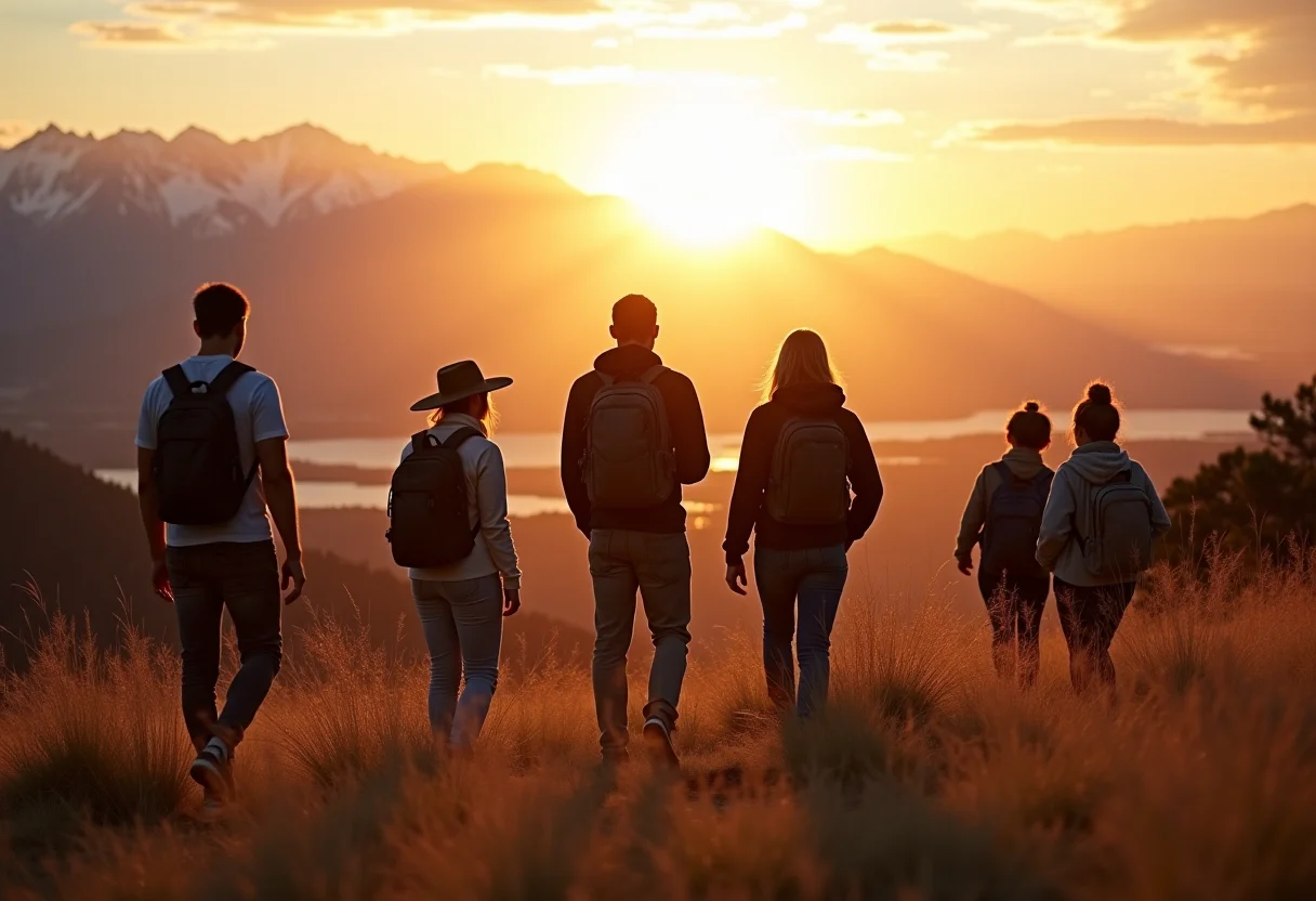 Turistas diversos explorando a América do Sul ao pôr do sol nos Andes