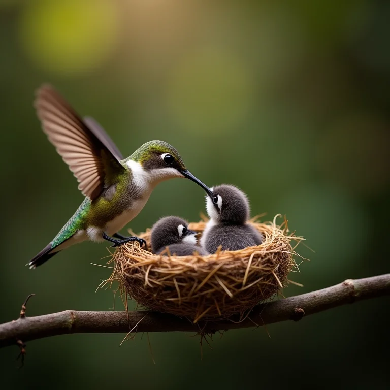 Um beija-flor alimentando seus filhotes com delicadeza.