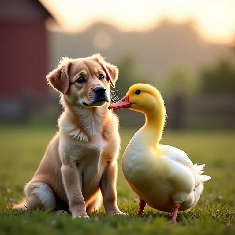 Um cão e um pato desfrutando de uma amizade improvável na fazenda.