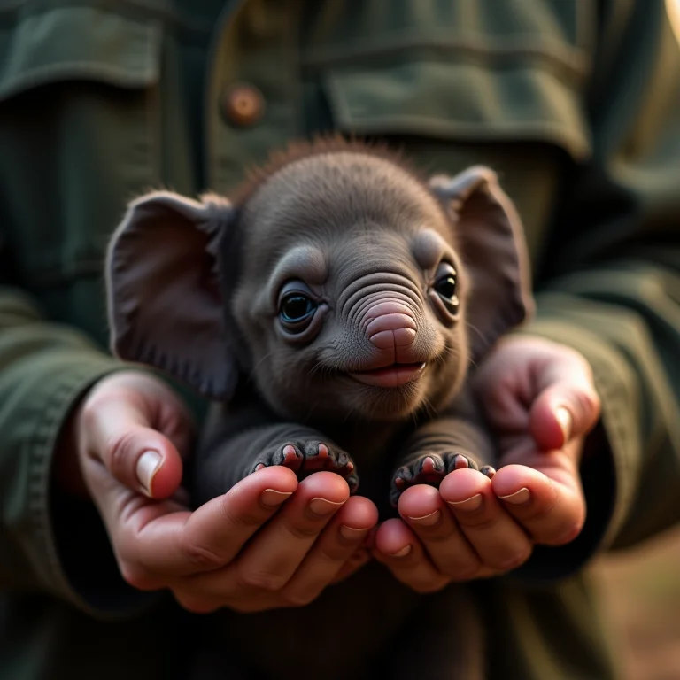 Um filhote de elefante órfão sendo resgatado por mãos humanas gentis.