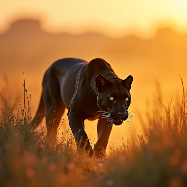 Um leopardo-negro raro espreitando na savana africana.