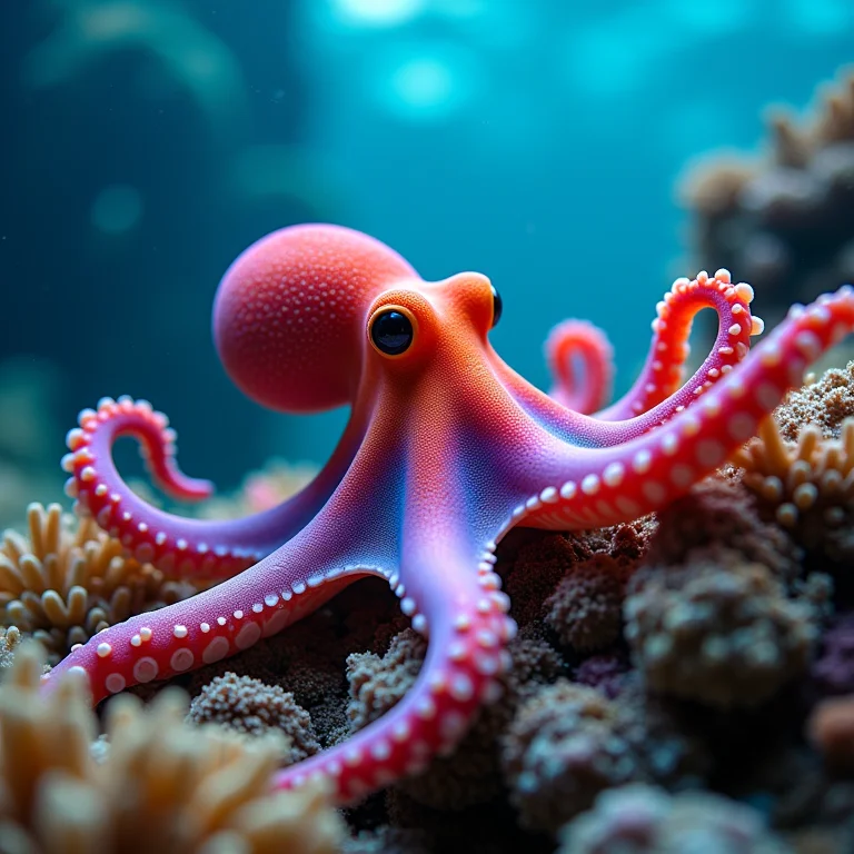Um polvo camuflado em meio a um recife de coral vibrante.